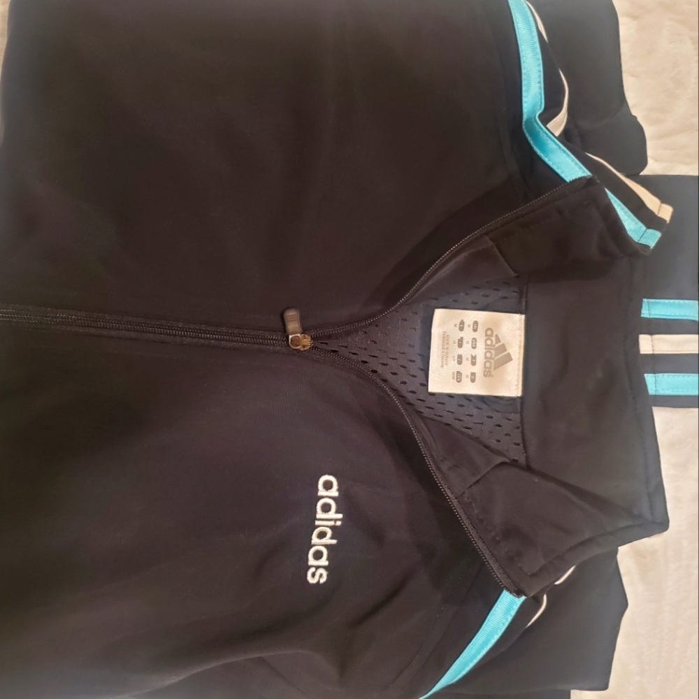 Old school Adidas black jacket with turquoise and white stripes size med